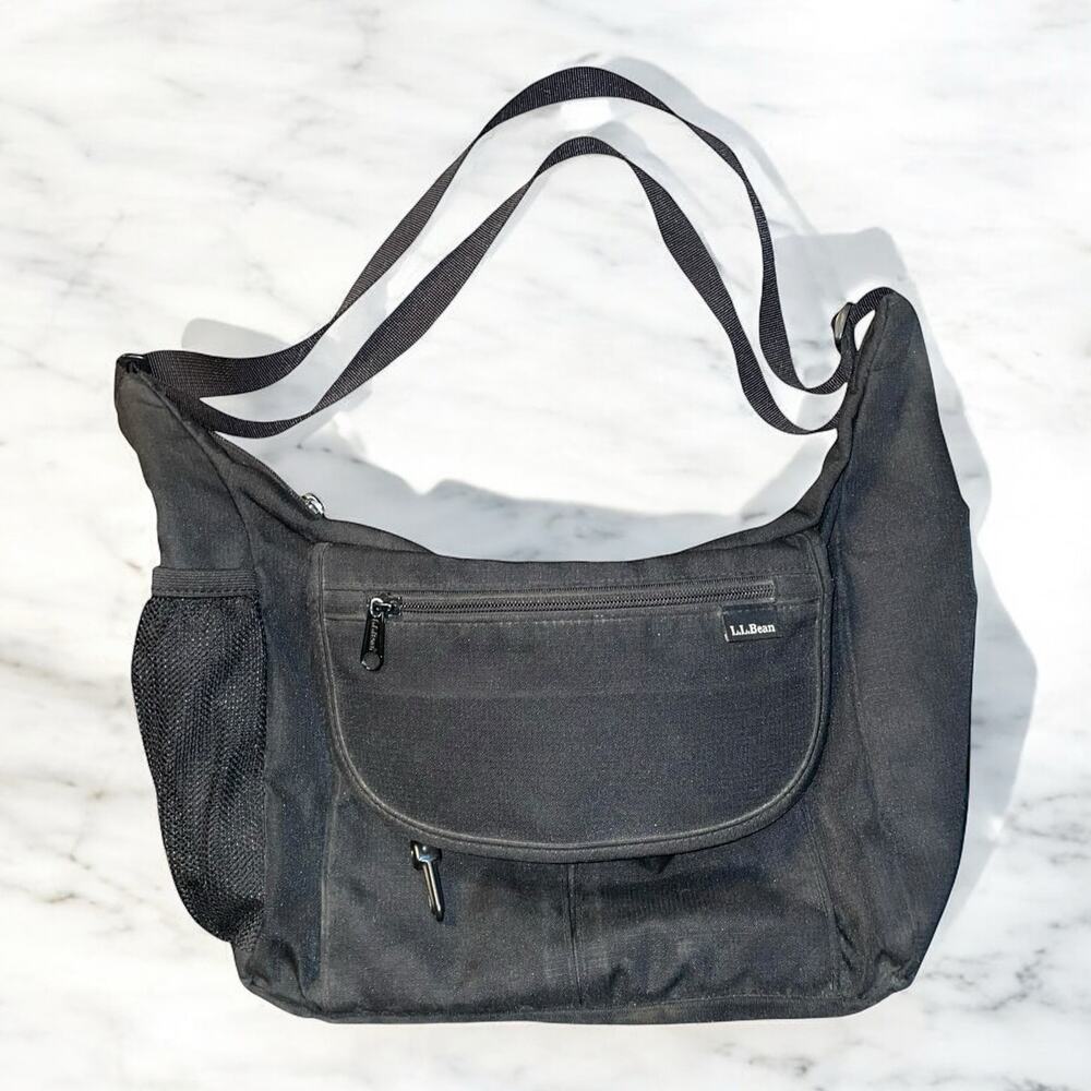 LL Bean Vintage Nylon Crossbody Bag Black Shoulder Purse Tote Handbag Full Zip